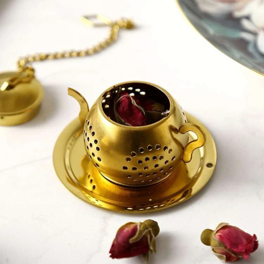 New Gold Stainless Steel Loose Leaf Tea Strainer Filter Chain Saucer Minimalist - Picture 11 of 16